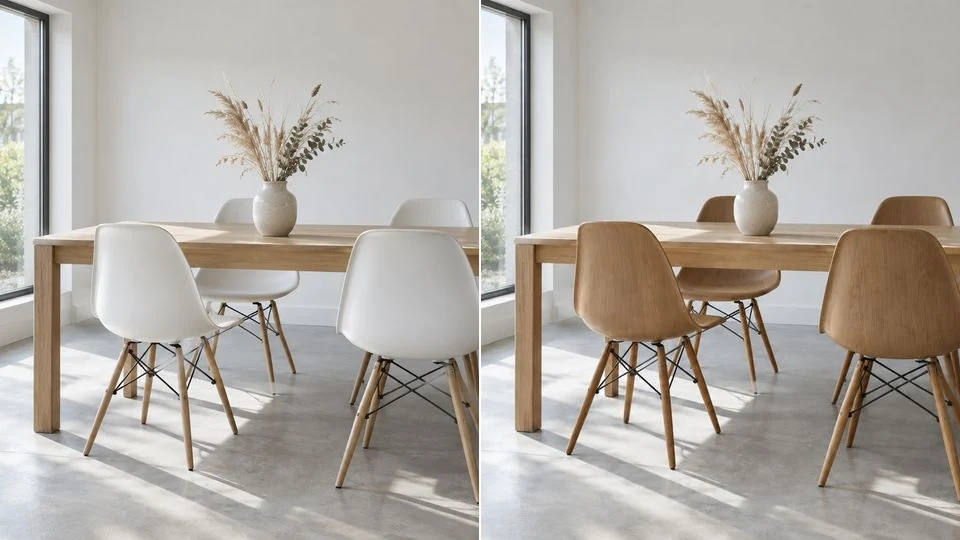The same dining room twice β white chairs on the left, oak chairs on the right, with the camera angle, daylight and floor shadows unchanged