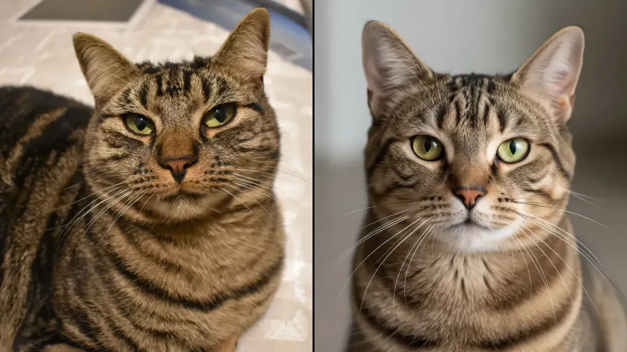 Two close-up portraits of a tabby cat side by side — one is a real photograph, the other is AI-generated